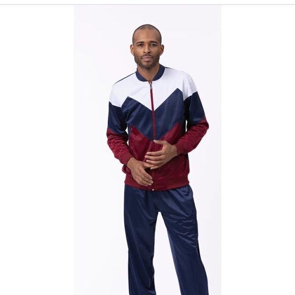 MEN'S MONTIQUE NAVY/BURGUNDY 2 PIECE SPORT TRACK SUIT CHEVRON DESIGN. JS-29 - Picture 1 of 2